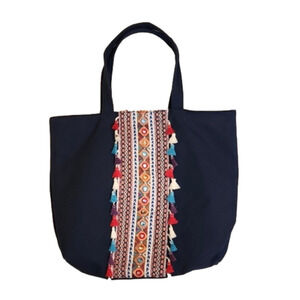 COPY - WOMENS Navy bohemian style tote with colorful tassels.